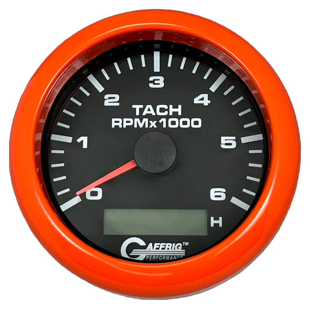 GAFFRIG 3 3/8 INCH ELECTRIC TACH/HOUR METER 6000 & 8000 RPM BLACK FAT RIM (338) / ORANGE / 6000