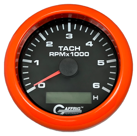 GAFFRIG 3 3/8 INCH ELECTRIC TACH/HOUR METER 6000 & 8000 RPM BLACK FAT RIM (338) / ORANGE / 6000