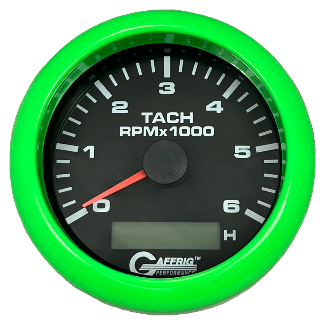 GAFFRIG 3 3/8 INCH ELECTRIC TACH/HOUR METER 6000 & 8000 RPM BLACK FAT RIM (338) / LIME GREEN / 6000