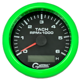 GAFFRIG 3 3/8 INCH ELECTRIC TACH/HOUR METER 6000 & 8000 RPM BLACK FAT RIM (338) / LIME GREEN / 6000