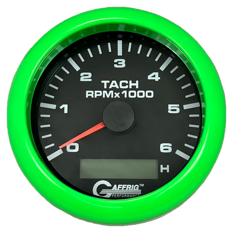 GAFFRIG 3 3/8 INCH ELECTRIC TACH/HOUR METER 6000 & 8000 RPM BLACK FAT RIM (338) / LIME GREEN / 6000