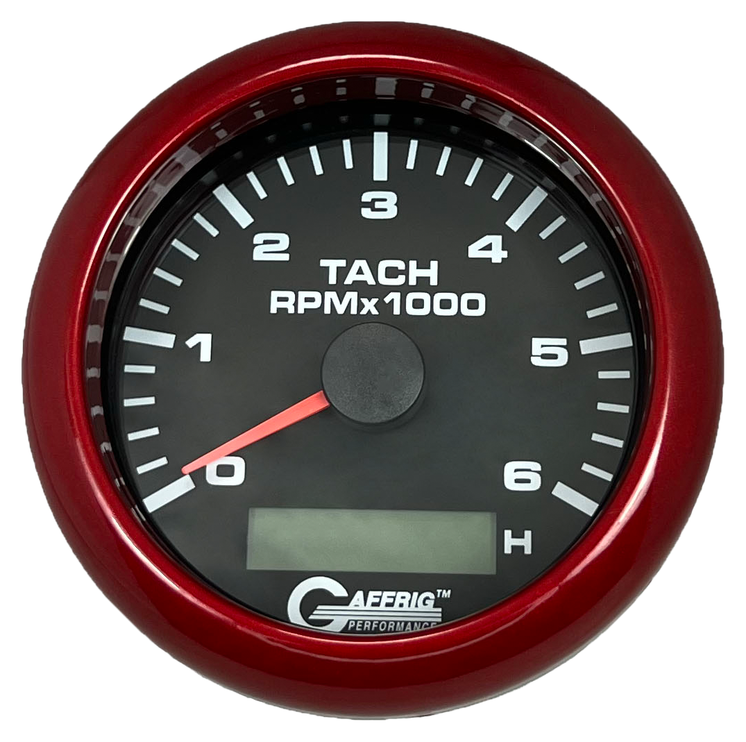 GAFFRIG 3 3/8 INCH ELECTRIC TACH/HOUR METER 6000 & 8000 RPM BLACK FAT RIM (338) / RED / 6000