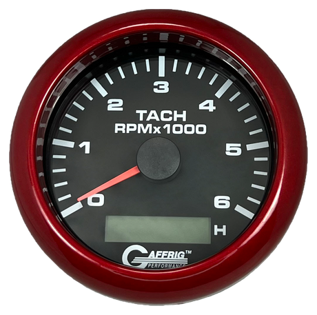 GAFFRIG 3 3/8 INCH ELECTRIC TACH/HOUR METER 6000 & 8000 RPM BLACK FAT RIM (338) / RED / 6000