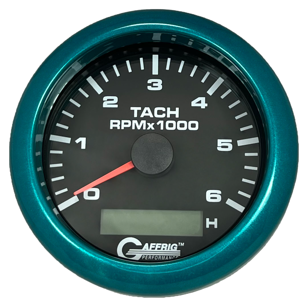 GAFFRIG 3 3/8 INCH ELECTRIC TACH/HOUR METER 6000 & 8000 RPM BLACK FAT RIM (338) / TEAL / 6000