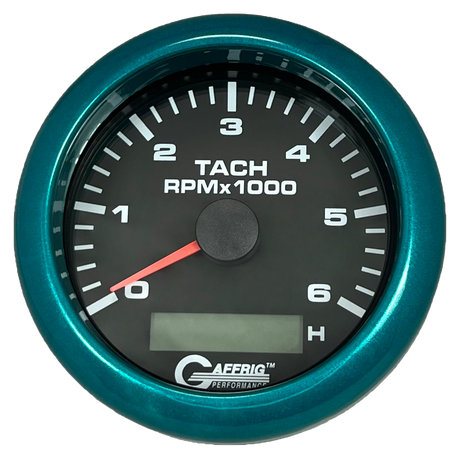 GAFFRIG 3 3/8 INCH ELECTRIC TACH/HOUR METER 6000 & 8000 RPM BLACK FAT RIM (338) / TEAL / 6000