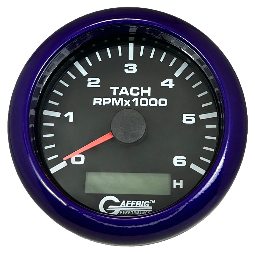 GAFFRIG 3 3/8 INCH ELECTRIC TACH/HOUR METER 6000 & 8000 RPM BLACK FAT RIM (338) / PURPLE / 6000