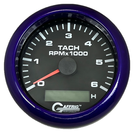 GAFFRIG 3 3/8 INCH ELECTRIC TACH/HOUR METER 6000 & 8000 RPM BLACK FAT RIM (338) / PURPLE / 6000