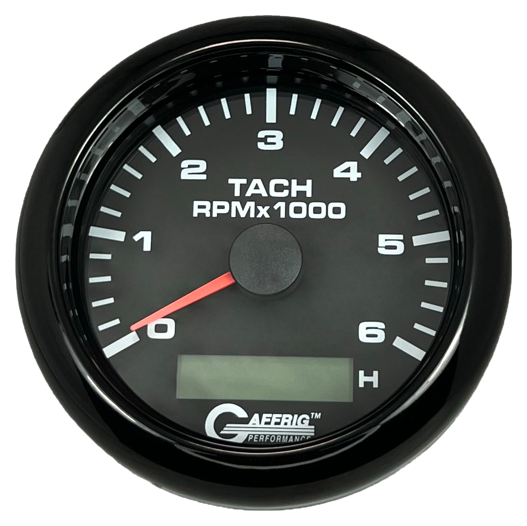 GAFFRIG 3 3/8 INCH ELECTRIC TACH/HOUR METER 6000 & 8000 RPM BLACK FAT RIM (338) / BLACK / 6000