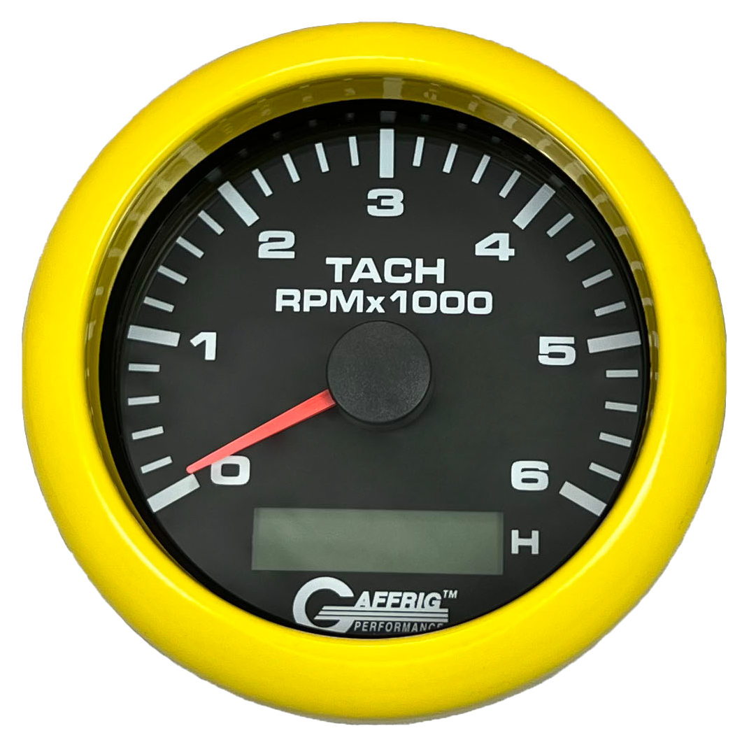 GAFFRIG 3 3/8 INCH ELECTRIC TACH/HOUR METER 6000 & 8000 RPM BLACK FAT RIM (338) / YELLOW / 6000