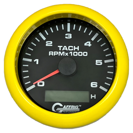 GAFFRIG 3 3/8 INCH ELECTRIC TACH/HOUR METER 6000 & 8000 RPM BLACK FAT RIM (338) / YELLOW / 6000