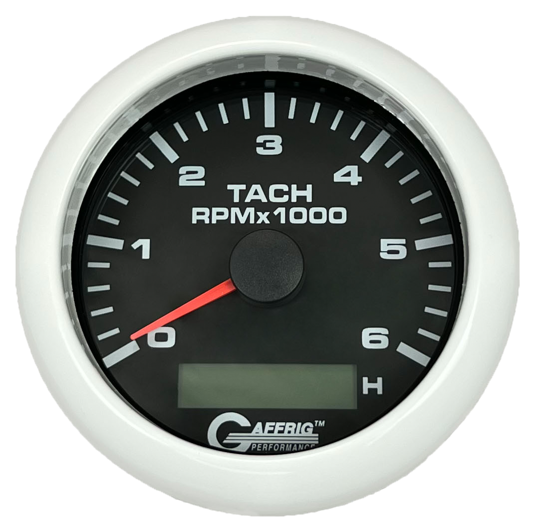 GAFFRIG 3 3/8 INCH ELECTRIC TACH/HOUR METER 6000 & 8000 RPM BLACK FAT RIM (338) / WHITE / 6000