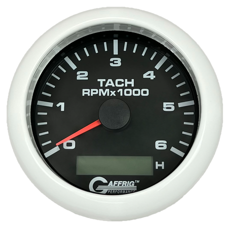 GAFFRIG 3 3/8 INCH ELECTRIC TACH/HOUR METER 6000 & 8000 RPM BLACK FAT RIM (338) / WHITE / 6000