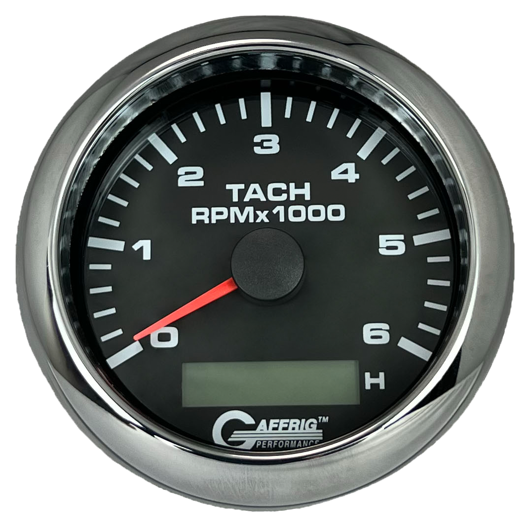 GAFFRIG 3 3/8 INCH ELECTRIC TACH/HOUR METER 6000 & 8000 RPM BLACK FAT RIM (338) / CHROME/POLISHED / 6000