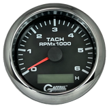 GAFFRIG 3 3/8 INCH ELECTRIC TACH/HOUR METER 6000 & 8000 RPM BLACK FAT RIM (338) / CHROME/POLISHED / 6000