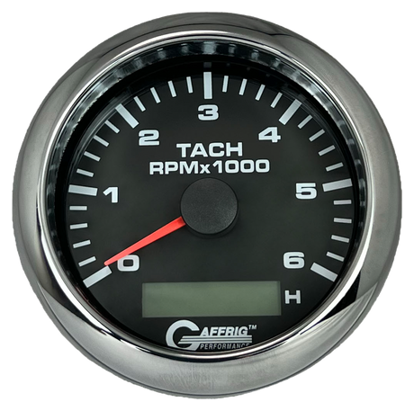 GAFFRIG 3 3/8 INCH ELECTRIC TACH/HOUR METER 6000 & 8000 RPM BLACK FAT RIM (338) / CHROME/POLISHED / 6000