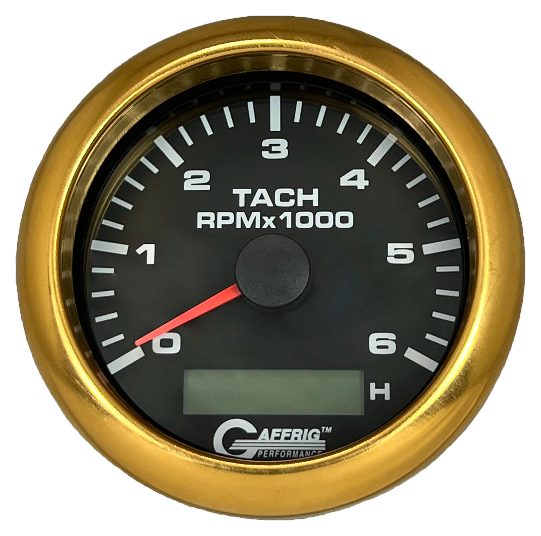 GAFFRIG 3 3/8 INCH ELECTRIC TACH/HOUR METER 6000 & 8000 RPM BLACK FAT RIM (338) / GOLD / 6000