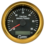 GAFFRIG 3 3/8 INCH ELECTRIC TACH/HOUR METER 6000 & 8000 RPM BLACK FAT RIM (338) / GOLD / 6000