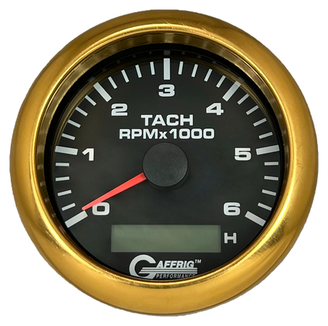 GAFFRIG 3 3/8 INCH ELECTRIC TACH/HOUR METER 6000 & 8000 RPM BLACK FAT RIM (338) / GOLD / 6000