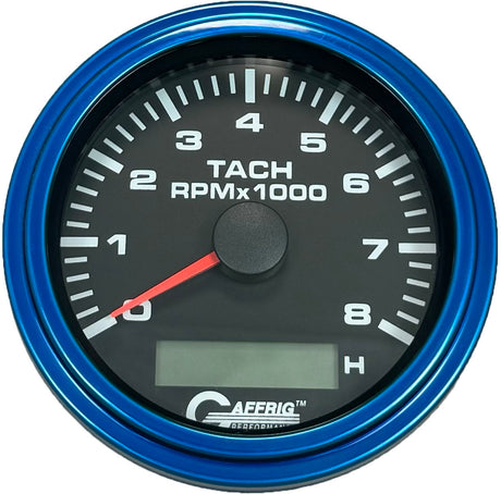 GAFFRIG 3 3/8 INCH ELECTRIC TACH/HOUR METER 6000 & 8000 RPM BLACK STEP RIM (008) / BLUE / 8000