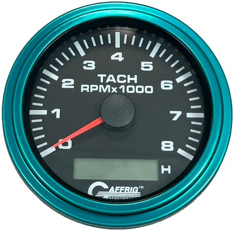 GAFFRIG 3 3/8 INCH ELECTRIC TACH/HOUR METER 6000 & 8000 RPM BLACK STEP RIM (008) / TEAL / 8000