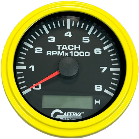 GAFFRIG 3 3/8 INCH ELECTRIC TACH/HOUR METER 6000 & 8000 RPM BLACK STEP RIM (008) / YELLOW / 8000