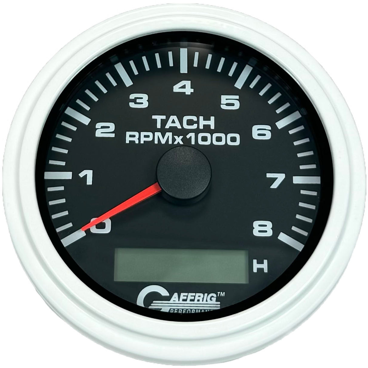 GAFFRIG 3 3/8 INCH ELECTRIC TACH/HOUR METER 6000 & 8000 RPM BLACK STEP RIM (008) / WHITE / 8000