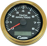 GAFFRIG 3 3/8 INCH ELECTRIC TACH/HOUR METER 6000 & 8000 RPM BLACK STEP RIM (008) / GOLD / 8000