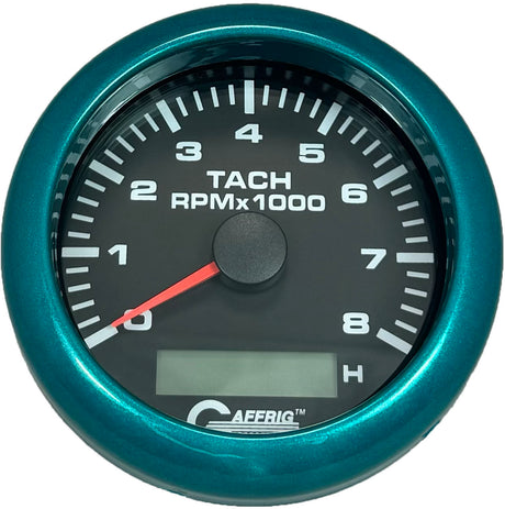 GAFFRIG 3 3/8 INCH ELECTRIC TACH/HOUR METER 6000 & 8000 RPM BLACK FAT RIM (338) / TEAL / 8000