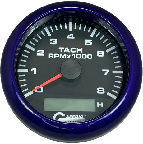 GAFFRIG 3 3/8 INCH ELECTRIC TACH/HOUR METER 6000 & 8000 RPM BLACK FAT RIM (338) / PURPLE / 8000