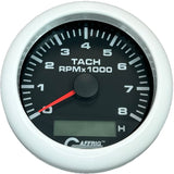 GAFFRIG 3 3/8 INCH ELECTRIC TACH/HOUR METER 6000 & 8000 RPM BLACK FAT RIM (338) / WHITE / 8000