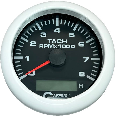 GAFFRIG 3 3/8 INCH ELECTRIC TACH/HOUR METER 6000 & 8000 RPM BLACK FAT RIM (338) / WHITE / 8000