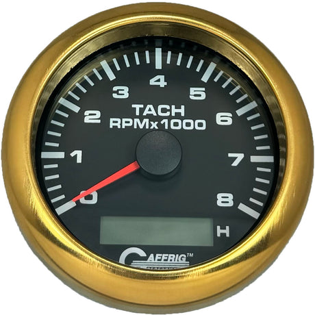 GAFFRIG 3 3/8 INCH ELECTRIC TACH/HOUR METER 6000 & 8000 RPM BLACK FAT RIM (338) / GOLD / 8000