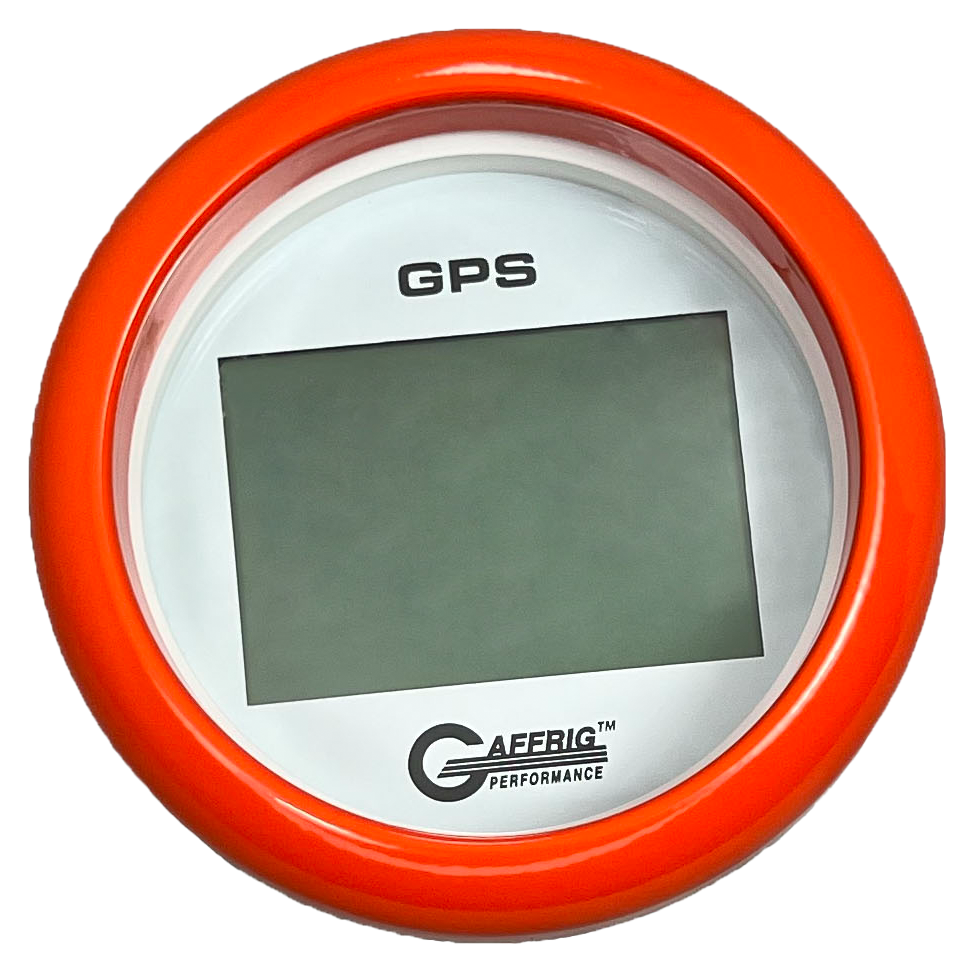 GAFFRIG 3 3/8 INCH DIGITAL GPS GAUGE 999 MPH KIT WHITE / FAT RIM / ORANGE