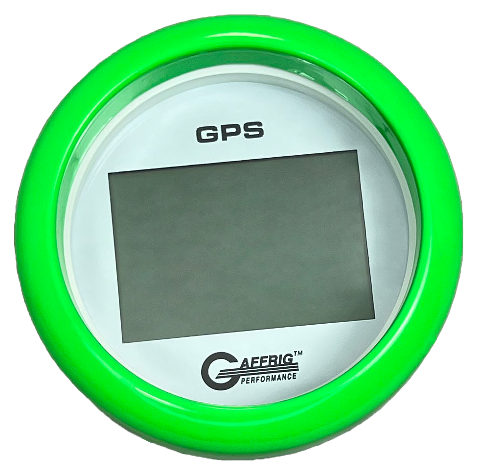 GAFFRIG 3 3/8 INCH DIGITAL GPS GAUGE 999 MPH KIT WHITE / FAT RIM / LIME GREEN