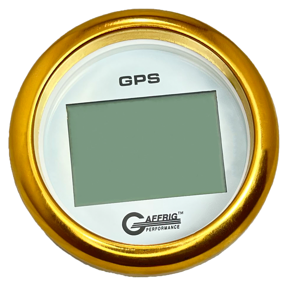 GAFFRIG 3 3/8 INCH DIGITAL GPS GAUGE 999 MPH KIT WHITE / FAT RIM / GOLD