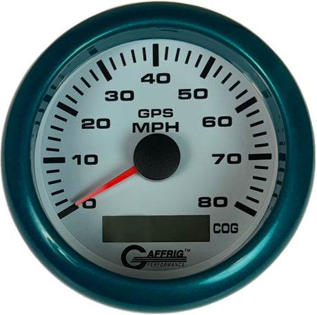 GAFFRIG 3 3/8 INCH GPS SPEEDOMETER KIT - WHITE FAT RIM (338) / TEAL / 80 MPH