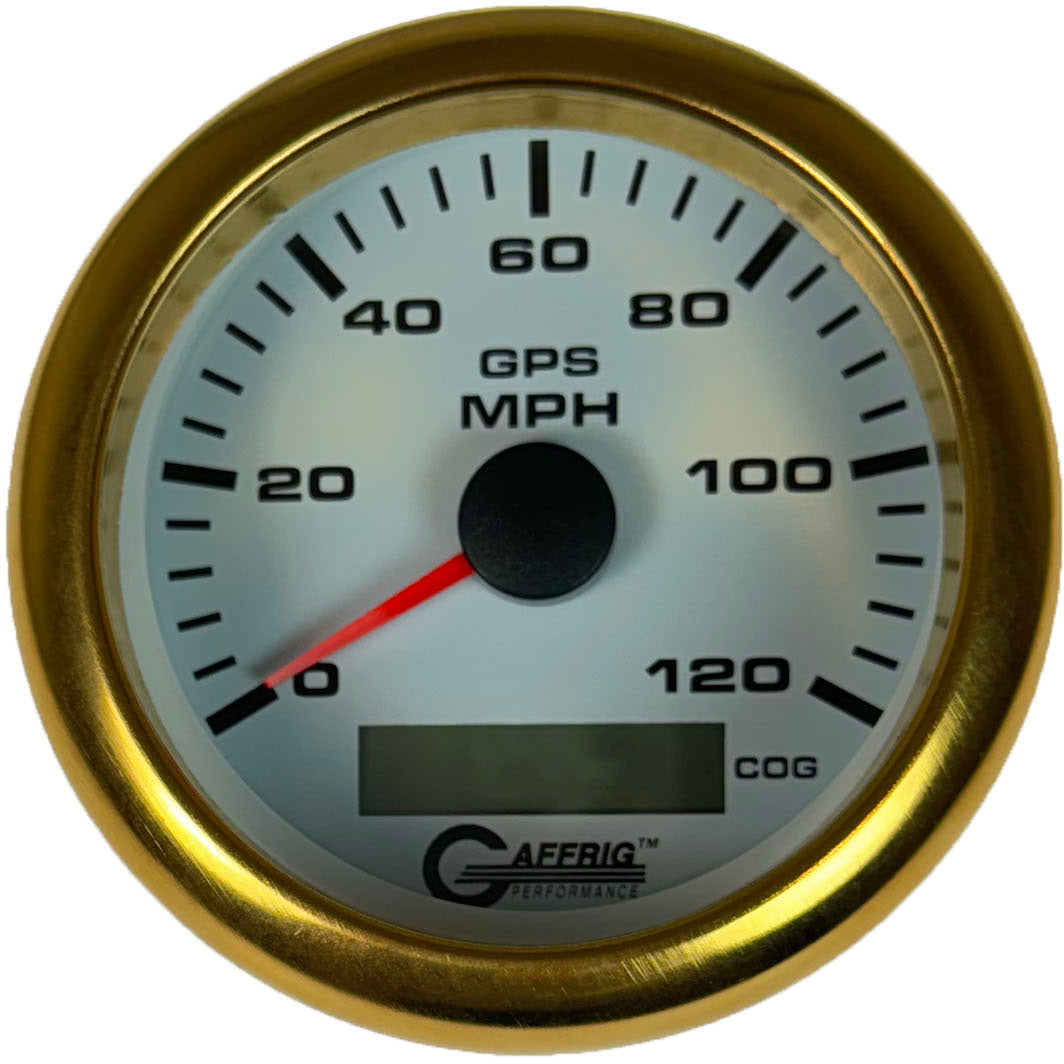 GAFFRIG 3 3/8 INCH GPS SPEEDOMETER KIT - WHITE FAT RIM (338) / GOLD / 120 MPH