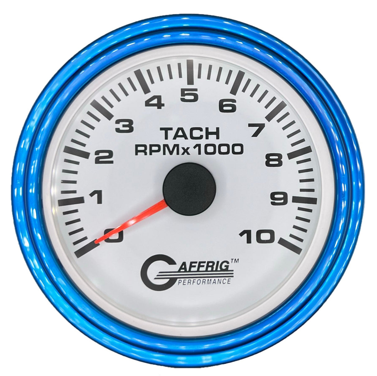 GAFFRIG 3 3/8 INCH TACHOMETER GAUGE 6000, 8000 & 10000 RPM WHITE 10000 / STEP RIM (008) / BLUE