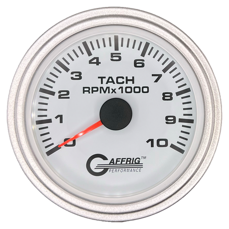 GAFFRIG 3 3/8 INCH TACHOMETER GAUGE 6000, 8000 & 10000 RPM WHITE 10000 / STEP RIM (008) / PLATINUM