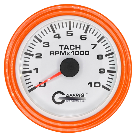 GAFFRIG 3 3/8 INCH TACHOMETER GAUGE 6000, 8000 & 10000 RPM WHITE 10000 / STEP RIM (008) / ORANGE