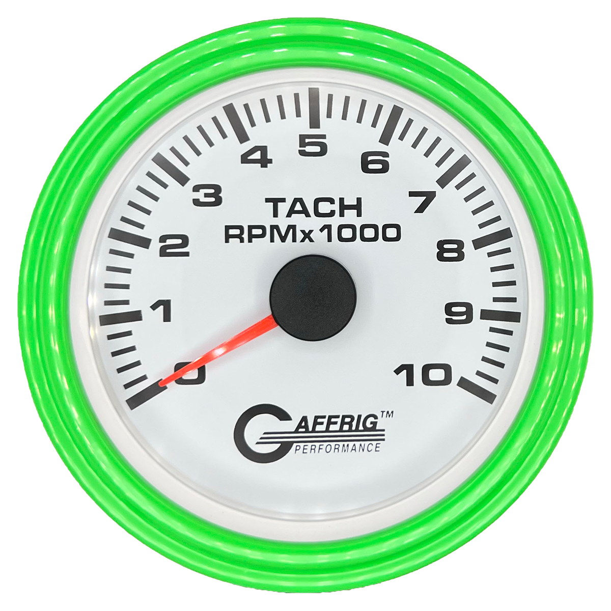 GAFFRIG 3 3/8 INCH TACHOMETER GAUGE 6000, 8000 & 10000 RPM WHITE 10000 / STEP RIM (008) / LIME GREEN