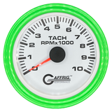 GAFFRIG 3 3/8 INCH TACHOMETER GAUGE 6000, 8000 & 10000 RPM WHITE 10000 / STEP RIM (008) / LIME GREEN