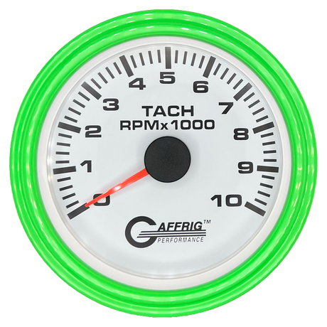 GAFFRIG 3 3/8 INCH TACHOMETER GAUGE 6000, 8000 & 10000 RPM WHITE 10000 / STEP RIM (008) / LIME GREEN