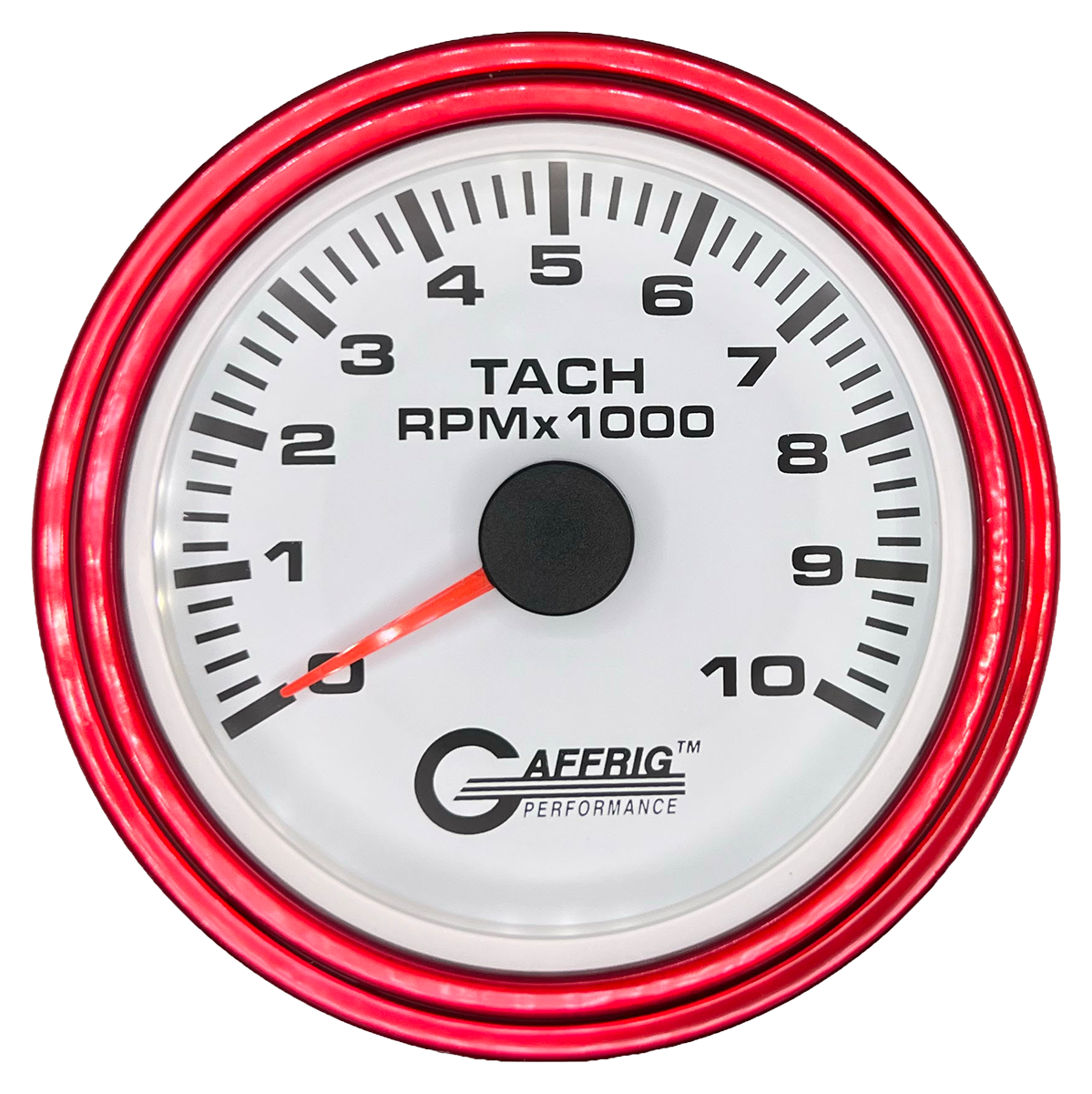 GAFFRIG 3 3/8 INCH TACHOMETER GAUGE 6000, 8000 & 10000 RPM WHITE 10000 / STEP RIM (008) / RED