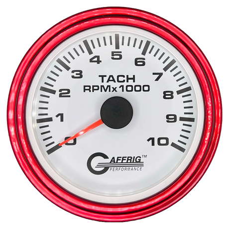 GAFFRIG 3 3/8 INCH TACHOMETER GAUGE 6000, 8000 & 10000 RPM WHITE 10000 / STEP RIM (008) / RED