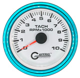 GAFFRIG 3 3/8 INCH TACHOMETER GAUGE 6000, 8000 & 10000 RPM WHITE 10000 / STEP RIM (008) / TEAL