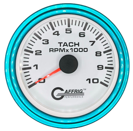 GAFFRIG 3 3/8 INCH TACHOMETER GAUGE 6000, 8000 & 10000 RPM WHITE 10000 / STEP RIM (008) / TEAL