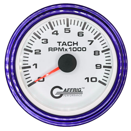 GAFFRIG 3 3/8 INCH TACHOMETER GAUGE 6000, 8000 & 10000 RPM WHITE 10000 / STEP RIM (008) / PURPLE