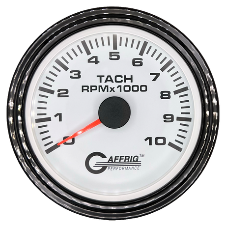 GAFFRIG 3 3/8 INCH TACHOMETER GAUGE 6000, 8000 & 10000 RPM WHITE 10000 / STEP RIM (008) / BLACK