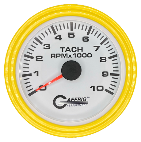 GAFFRIG 3 3/8 INCH TACHOMETER GAUGE 6000, 8000 & 10000 RPM WHITE 10000 / STEP RIM (008) / YELLOW